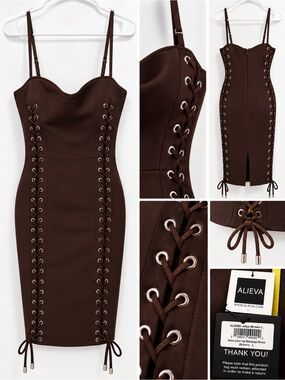 Alieva Brown Lace-Up Midi Dress with Sweetheart Neckline